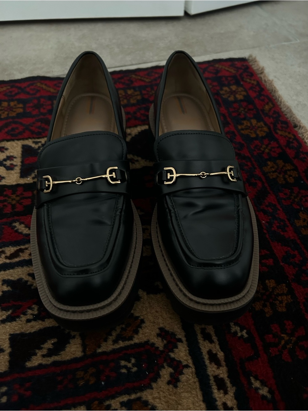 Women Black Leather Bit Loafers with Horsebit Gold Accept